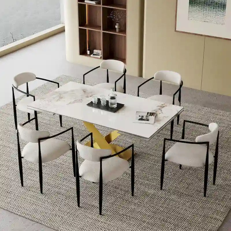 Ensemble de salle à manger moderne et minimaliste de 9 pièces avec plateau en pierre frittée extensible de 240 cm et 8 chaises en tissu