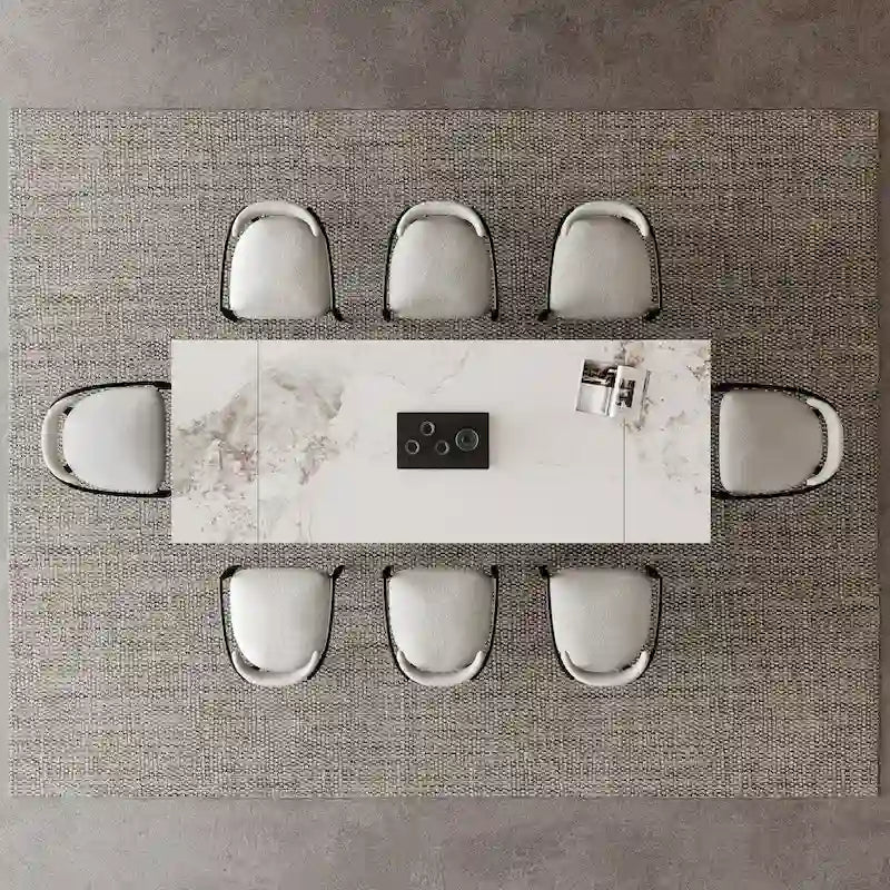Ensemble de salle à manger moderne et minimaliste de 9 pièces avec plateau en pierre frittée extensible de 240 cm et 8 chaises en tissu