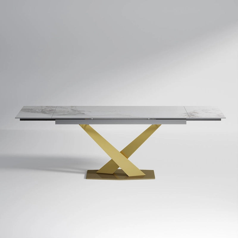 Ensemble de salle à manger moderne et minimaliste de 9 pièces avec plateau en pierre frittée extensible de 240 cm et 8 chaises en tissu