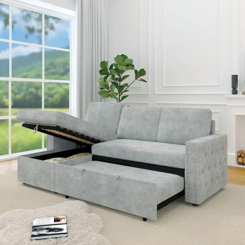 Canapé convertible avec méridienne de rangement, Chenille - Gris clair