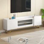 Meuble TV avec verre cannelé, meuble TV pour téléviseurs jusqu'à 70 pouces, console TV avec plateau en faux marbre et base en métal doré