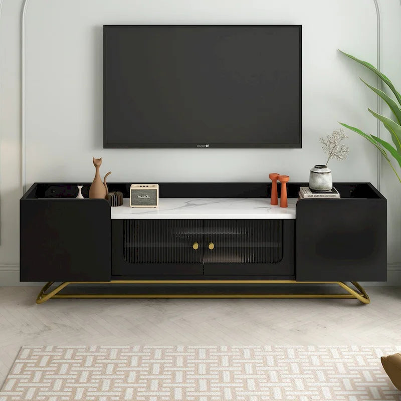 Meuble TV avec verre cannelé, meuble TV pour téléviseurs jusqu'à 70 pouces, console TV avec plateau en faux marbre et base en métal doré