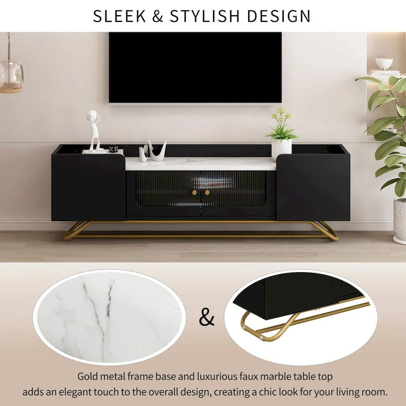 Meuble TV avec verre cannelé, meuble TV pour téléviseurs jusqu'à 70 pouces, console TV avec plateau en faux marbre et base en métal doré