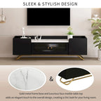 Meuble TV avec verre cannelé, meuble TV pour téléviseurs jusqu'à 70 pouces, console TV avec plateau en faux marbre et base en métal doré