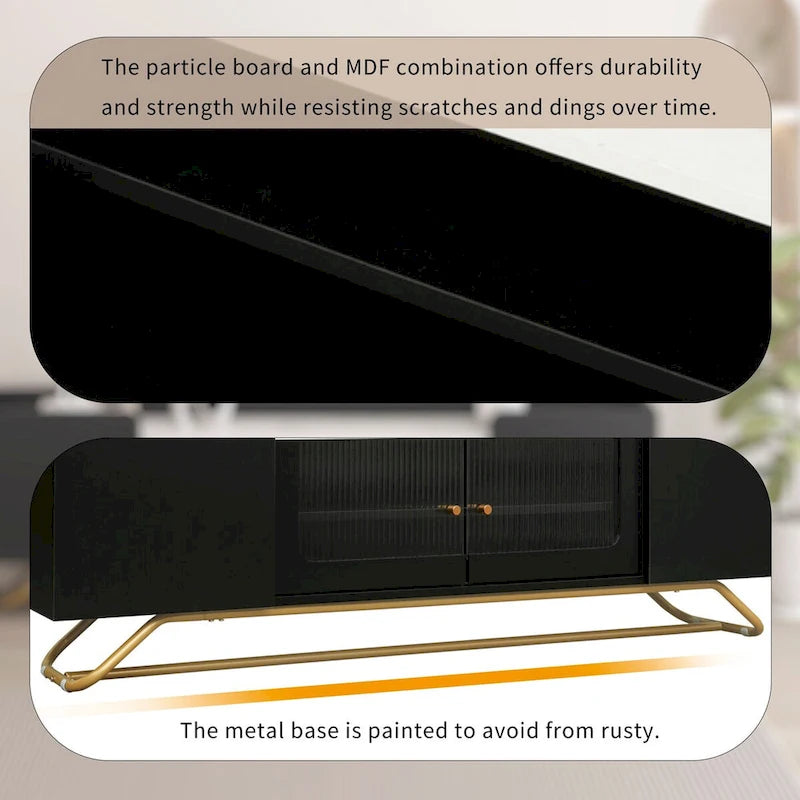 Meuble TV avec verre cannelé, meuble TV pour téléviseurs jusqu'à 70 pouces, console TV avec plateau en faux marbre et base en métal doré