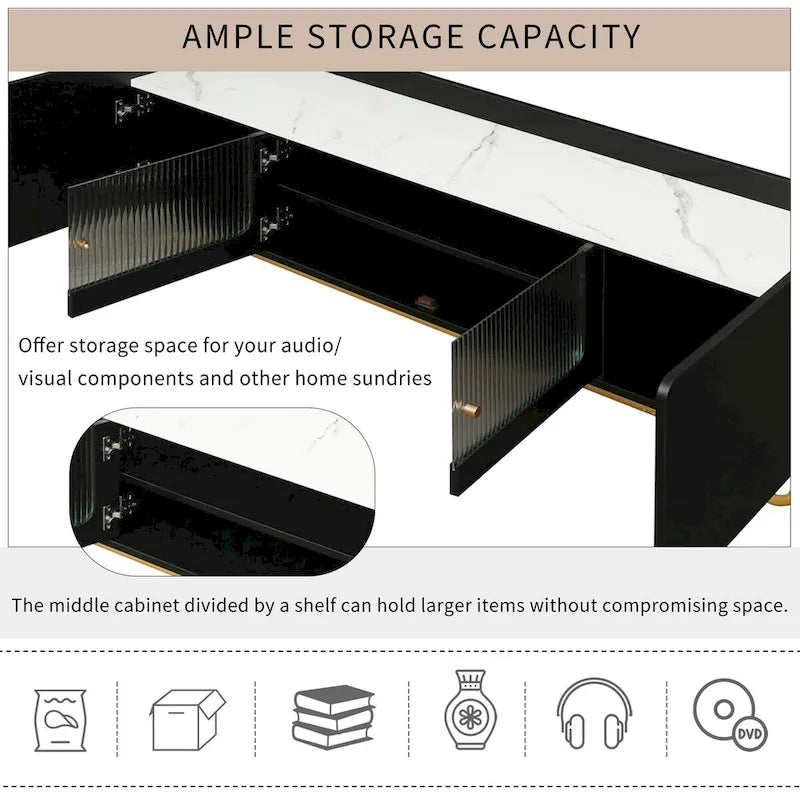 Meuble TV avec verre cannelé, meuble TV pour téléviseurs jusqu'à 70 pouces, console TV avec plateau en faux marbre et base en métal doré