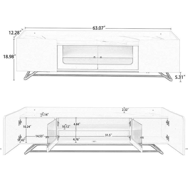 Meuble TV avec verre cannelé, meuble TV pour téléviseurs jusqu'à 70 pouces, console TV avec plateau en faux marbre et base en métal doré