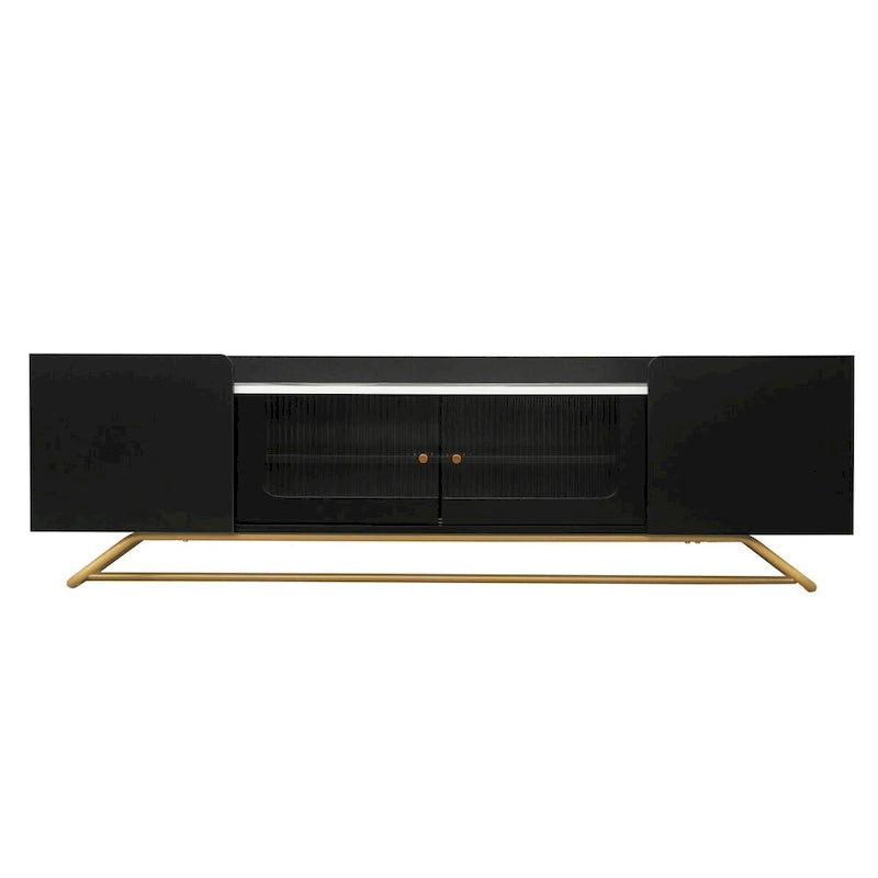 Meuble TV avec verre cannelé, meuble TV pour téléviseurs jusqu'à 70 pouces, console TV avec plateau en faux marbre et base en métal doré