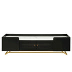 Meuble TV avec verre cannelé, meuble TV pour téléviseurs jusqu'à 70 pouces, console TV avec plateau en faux marbre et base en métal doré