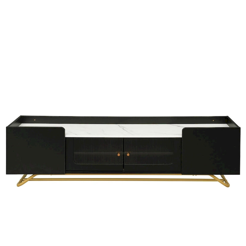 Meuble TV avec verre cannelé, meuble TV pour téléviseurs jusqu'à 70 pouces, console TV avec plateau en faux marbre et base en métal doré