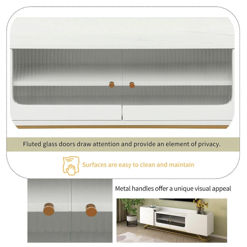 Meuble TV avec verre cannelé, meuble TV pour téléviseurs jusqu'à 70 pouces, console TV avec plateau en faux marbre et base en métal doré
