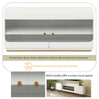 Meuble TV avec verre cannelé, meuble TV pour téléviseurs jusqu'à 70 pouces, console TV avec plateau en faux marbre et base en métal doré