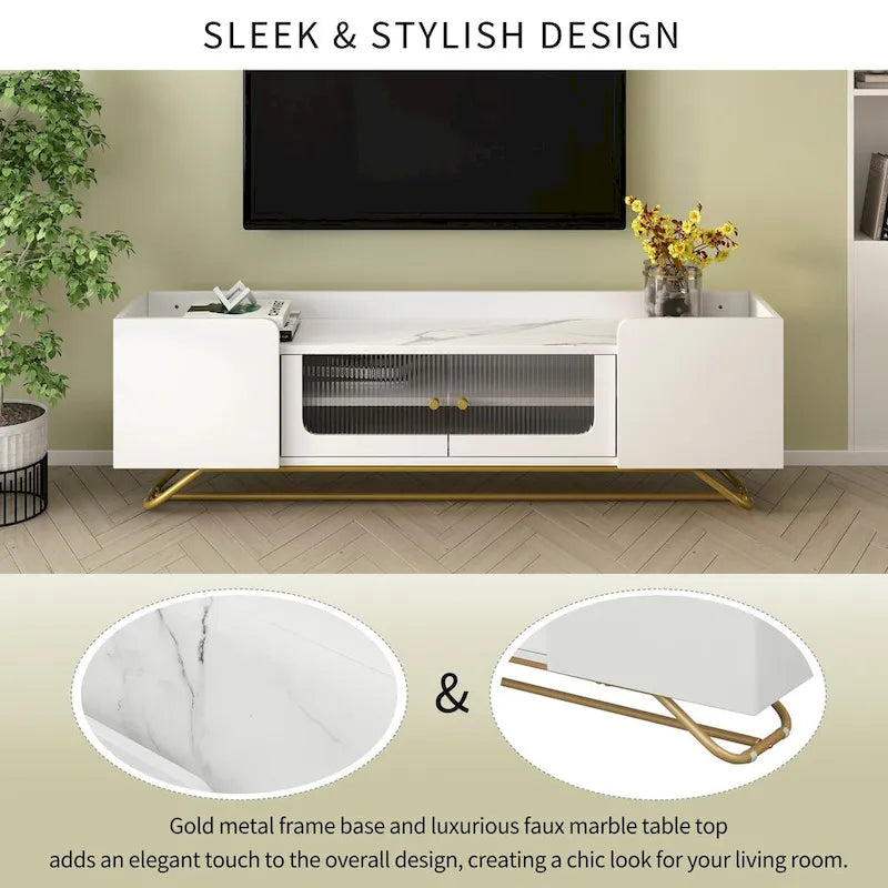 Meuble TV avec verre cannelé, meuble TV pour téléviseurs jusqu'à 70 pouces, console TV avec plateau en faux marbre et base en métal doré