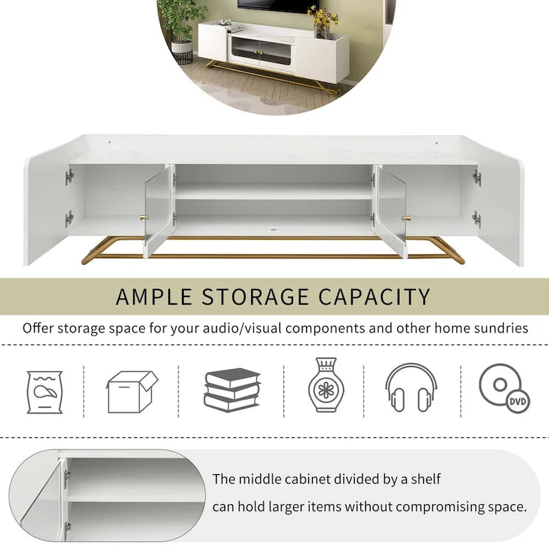 Meuble TV avec verre cannelé, meuble TV pour téléviseurs jusqu'à 70 pouces, console TV avec plateau en faux marbre et base en métal doré