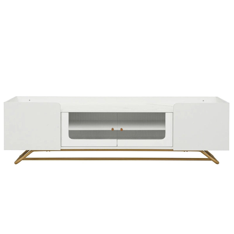 Meuble TV avec verre cannelé, meuble TV pour téléviseurs jusqu'à 70 pouces, console TV avec plateau en faux marbre et base en métal doré