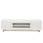 Meuble TV avec verre cannelé, meuble TV pour téléviseurs jusqu'à 70 pouces, console TV avec plateau en faux marbre et base en métal doré