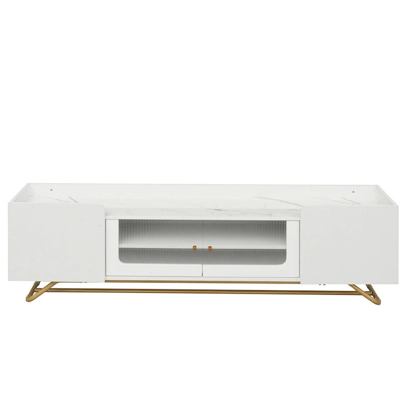 Meuble TV avec verre cannelé, meuble TV pour téléviseurs jusqu'à 70 pouces, console TV avec plateau en faux marbre et base en métal doré