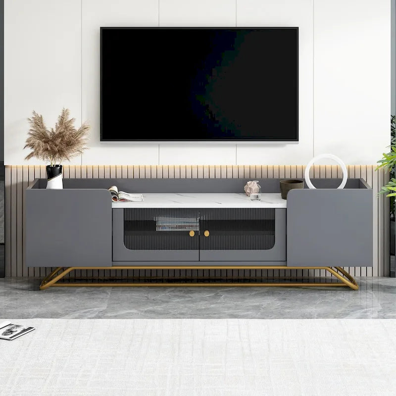 Meuble TV avec verre cannelé, meuble TV pour téléviseurs jusqu'à 70 pouces, console TV avec plateau en faux marbre et base en métal doré
