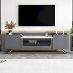 Meuble TV avec verre cannelé, meuble TV pour téléviseurs jusqu'à 70 pouces, console TV avec plateau en faux marbre et base en métal doré