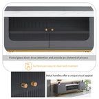 Meuble TV avec verre cannelé, meuble TV pour téléviseurs jusqu'à 70 pouces, console TV avec plateau en faux marbre et base en métal doré