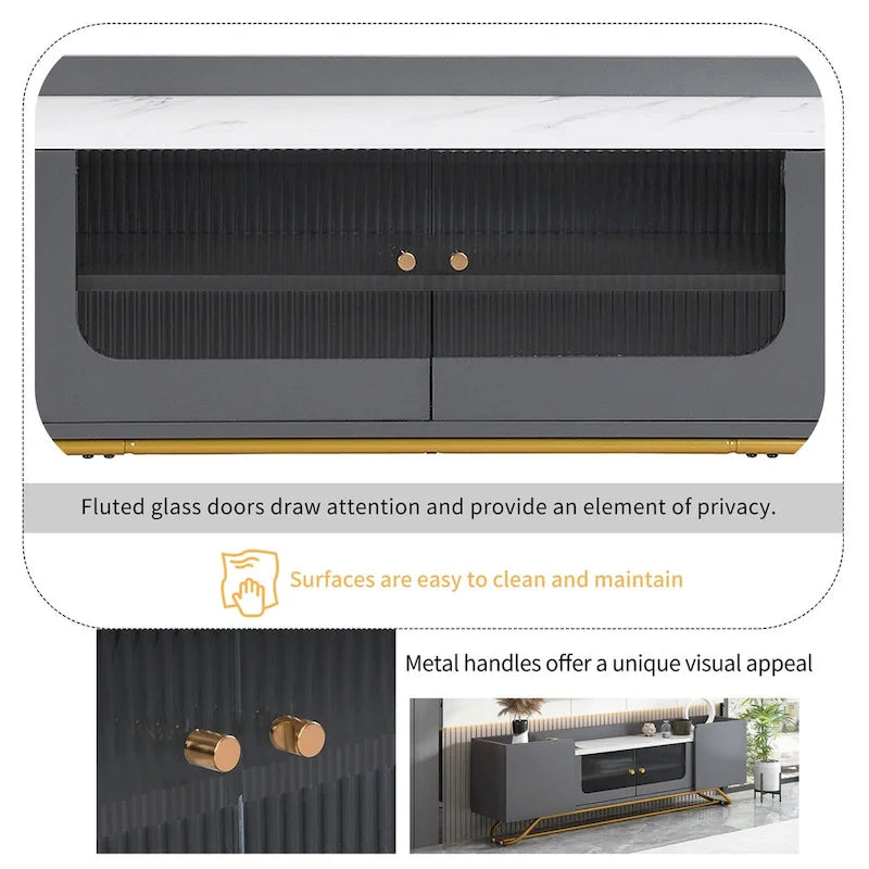 Meuble TV avec verre cannelé, meuble TV pour téléviseurs jusqu'à 70 pouces, console TV avec plateau en faux marbre et base en métal doré