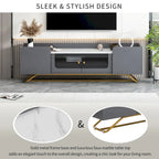 Meuble TV avec verre cannelé, meuble TV pour téléviseurs jusqu'à 70 pouces, console TV avec plateau en faux marbre et base en métal doré