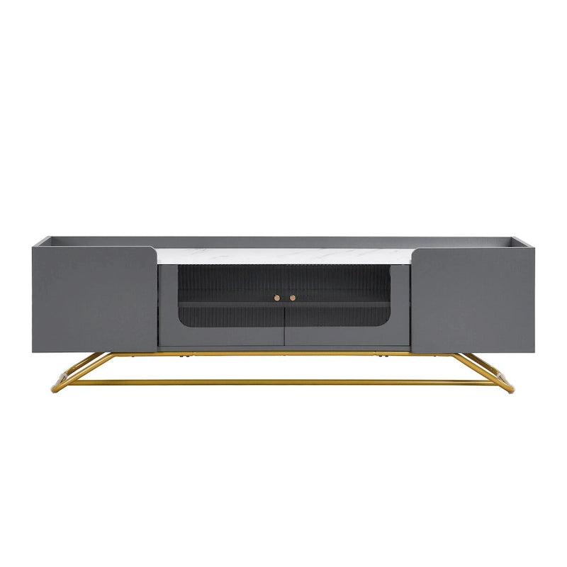 Meuble TV avec verre cannelé, meuble TV pour téléviseurs jusqu'à 70 pouces, console TV avec plateau en faux marbre et base en métal doré