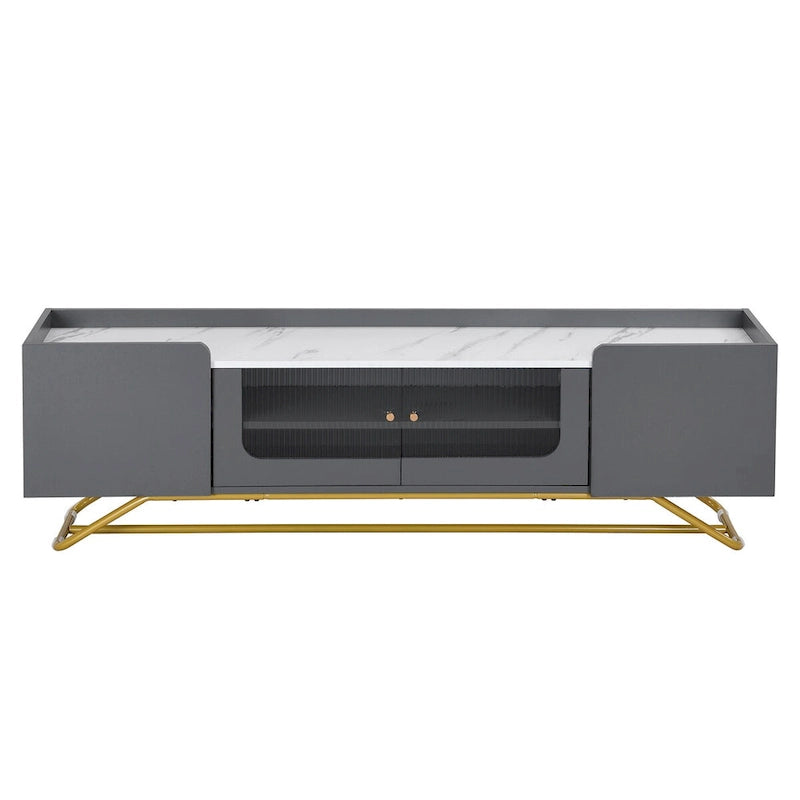 Meuble TV avec verre cannelé, meuble TV pour téléviseurs jusqu'à 70 pouces, console TV avec plateau en faux marbre et base en métal doré