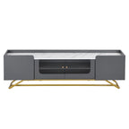 Meuble TV avec verre cannelé, meuble TV pour téléviseurs jusqu'à 70 pouces, console TV avec plateau en faux marbre et base en métal doré