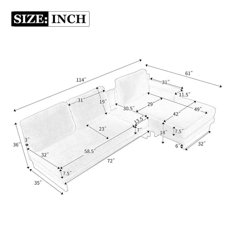 Canapé d'angle en forme de L avec deux ports USB et deux prises de courant, un tiroir de rangement et une méridienne réversible