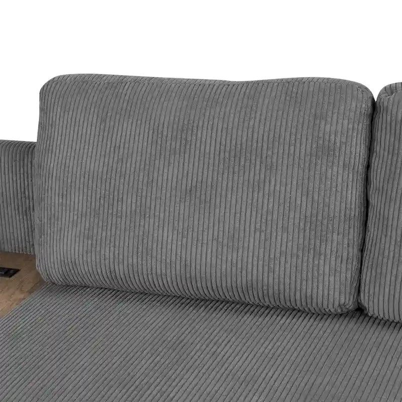 Canapé d'angle en forme de L avec deux ports USB et deux prises de courant, un tiroir de rangement et une méridienne réversible