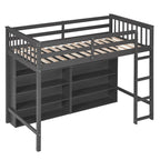 Lit mezzanine double en bois avec 8 étagères de rangement ouvertes et échelle intégrée