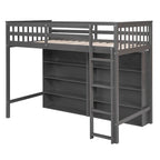 Lit mezzanine double en bois avec 8 étagères de rangement ouvertes et échelle intégrée